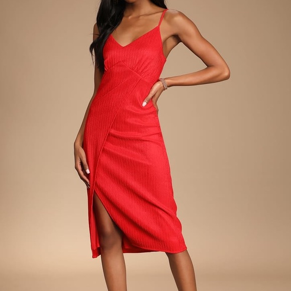 NWOT Lulus View and I Bright Red Tie-Back Faux-Wrap Midi Dress XSmall - Picture 1 of 8